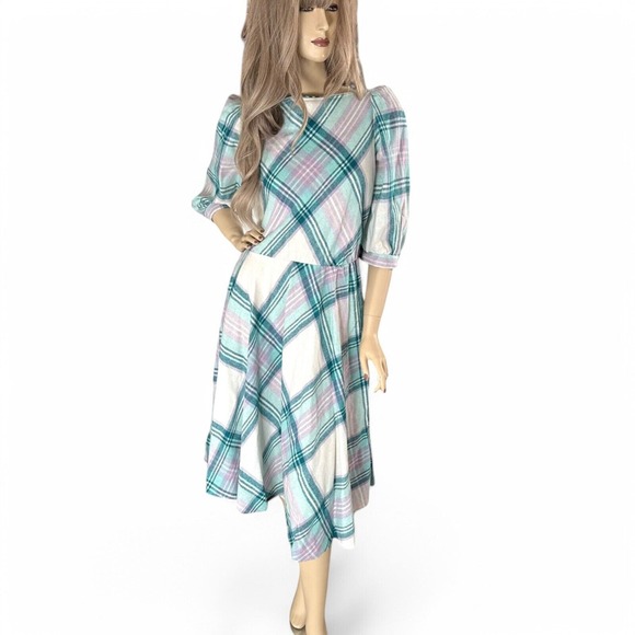 80s Teal & Lilac Plaid Wool Dress | Puff Sleeve Cottagecore Pastel Aesthetic | S - Picture 3 of 8